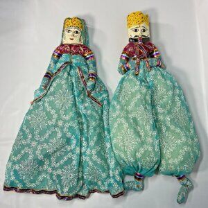 Rajasthani Carved Hand Painted Wood & Cloth Puppets 21"/22" Tall Vintage Folk